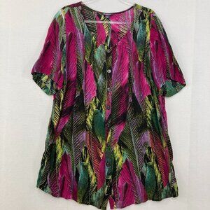 Roaman's size 18W Multi Color Short Sleeve Ultra Soft Rayon Button Down Vacation